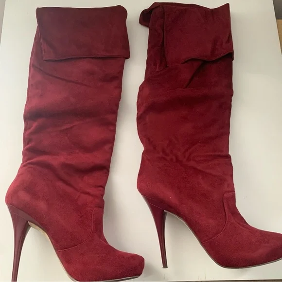Michael Antonio Over the Knee Burgundy Heeled Suede Boots Size 10 - Picture 1 of 7